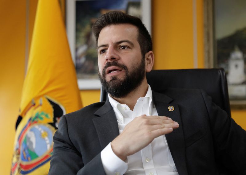 &copy; Reuters. FILE PHOTO: Ecuador's Finance Minister Pablo Arosemena talks to Reuters about Ecuador's fiscal recovery, foreign debt and payment dispute with oil company Perenco, in Quito, Ecuador August 10, 2022.   REUTERS/Karen Toro