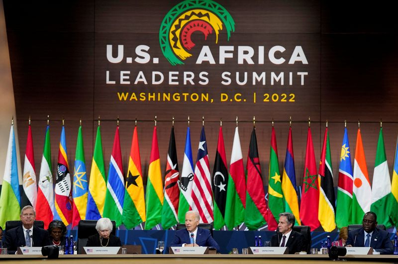 &copy; Reuters. U.S. Secretary of Agriculture Tom Vilsack, Secretary of the Treasury Janet Yellen, President Joe Biden, Secretary of State Antony Blinken and Senegal President Macky Sall attend the U.S.-Africa Leaders Summit Closing Session on Promoting Food Security and