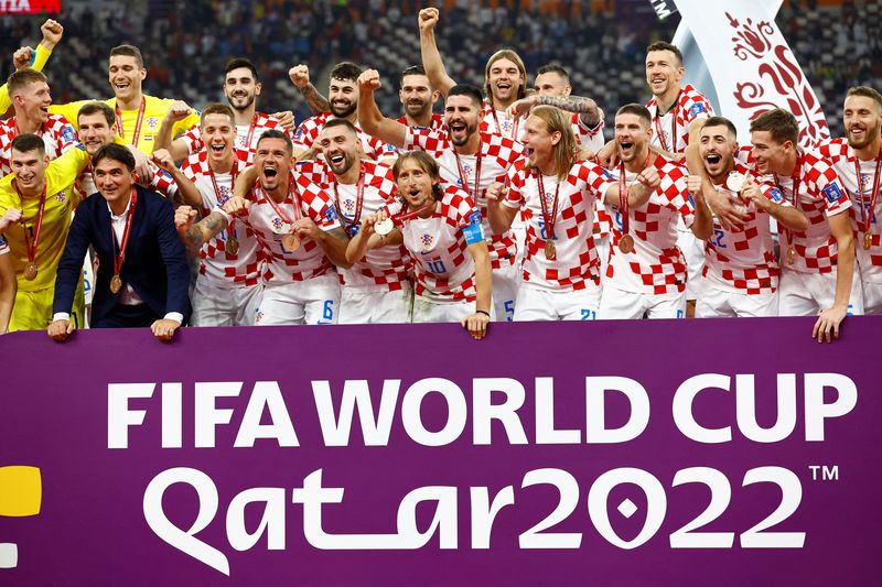 &copy; Reuters. 　サッカーのワールドカップ（Ｗ杯）カタール大会は１７日、ドーハで３位決定戦を行い、前回準優勝のクロアチアがモロッコを２─１で下した（２０２２年　ロイター/Peter Cziborra）