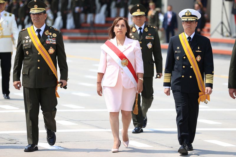 &copy; Reuters. Peru's President Dina Boluarte attends a ceremony to commemorate the Day of the Peruvian Army and the anniversary of the Battle of Ayacucho, in Lima, Peru December 9, 2022. Peru's Presidency/Handout via REUTERS 