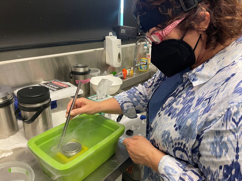 © Reuters. Senior research scientist at Smithsonian National Zoo And Conservation Biology Institute, Mary Hagedorn works with modern-mesh technology in liquid nitrogen at the Australian Institute Of Marine Science in Townsville, Australia December 14, 2022. REUTERS/Jill Gralow