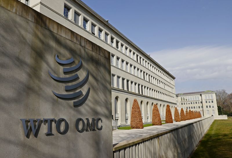 &copy; Reuters. FILE PHOTO: A logo is pictured on the World Trade Organization headquarters (WTO) in Geneva, Switzerland, March 4, 2021. Picture taken March 4, 2021. REUTERS/Denis Balibouse