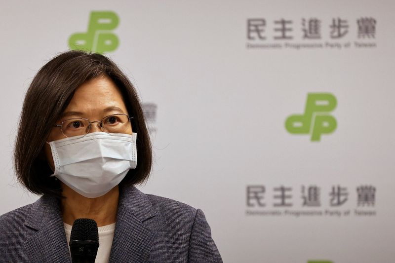 &copy; Reuters. FILE PHOTO: Taiwanese President Tsai Ing-wen announces to resign as Democratic Progressive Party chair to take responsibility for the party's performance in the local elections in Taipei, Taiwan, November 26, 2022. REUTERS/Ann Wang