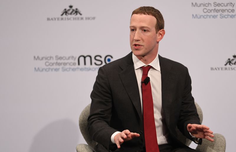 © Reuters. FILE PHOTO: Facebook Chairman and CEO Mark Zuckerberg speaks during the annual Munich Security Conference in Germany, February 15, 2020. REUTERS/Andreas Gebert