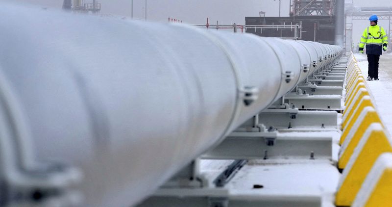 &copy; Reuters. FILE PHOTO: A worker walks past a gas tube that connects the 'Hoegh Esperanza' Floating Storage and Regasification Unit (FSRU) with main land during the opening of the LNG (Liquefied Natural Gas) terminal in Wilhelmshaven, Germany, December 17, 2022. Mich