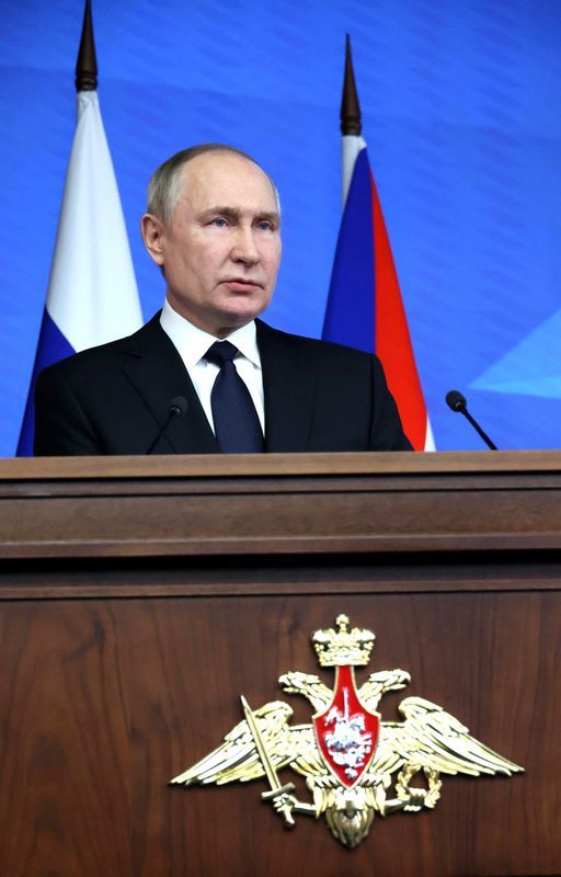 &copy; Reuters. Presidente da Rússia, Vladimir Putin, discursa durante reunião anual do Ministério da Defesa russo em Moscou
21/12/2022 Sputnik/Mikhail Kuravlev/Kremlin via REUTERS