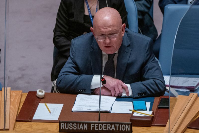 &copy; Reuters. فاسيلي نيبينزيا، سفير روسيا لدى الأمم المتحدة، يتحدث خلال إجتماع طارئ لمجلس الأمن الدولي في نيويورك في 23 أغسطس آب 2022. تصوير : ديفيد ديلجادو- 