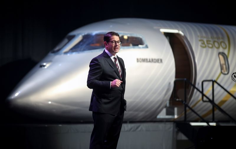 &copy; Reuters. FILE PHOTO: Eric Martel, President and Chief Executive Officer of Bombardier Inc., unveils a mockup of its new Challenger 3500 business jet at a virtual event in Montreal, Quebec, Canada September 14, 2021.  REUTERS/Christinne Muschi