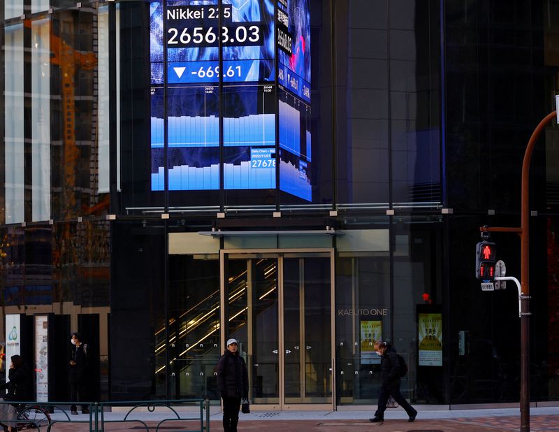 &copy; Reuters. FILE PHOTO: People walk past an electric board showing Nikkei index at a business district in Tokyo, Japan December 20, 2022. REUTERS/Kim Kyung-Hoon