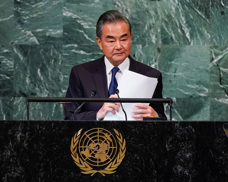 &copy; Reuters. FILE PHOTO: Chinese State Counsellor and Foreign Minister Wang Yi addresses the 77th Session of the United Nations General Assembly at U.N. Headquarters in New York City, U.S., September 24, 2022. REUTERS/Eduardo Munoz
