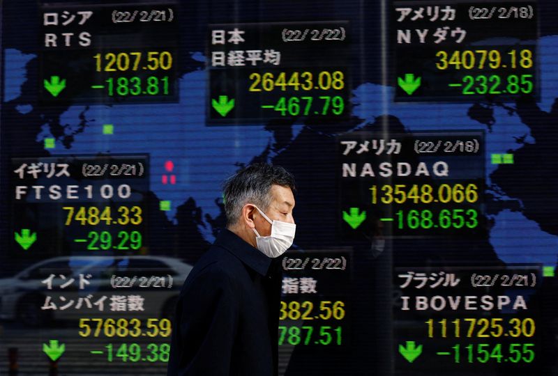 © Reuters. رجل يضع كمامة للحماية من فيروس كورونا يسير بجانب لوحة إلكترونية تظهر حركة تداول الأسهم في مؤشر نيكي الياباني بطوكيو في 22 فبراير شباط 2022.  تصوير : كيم كيونج هون- رويترز . 
