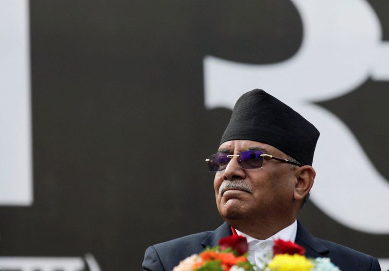 &copy; Reuters. Pushpa Kamal Dahal, participe à un rassemblement de masse contre la dissolution du parlement, à Katmandou, au Népal. /Photo prise le 10 février 2021/REUTERS/Navesh Chitrakar