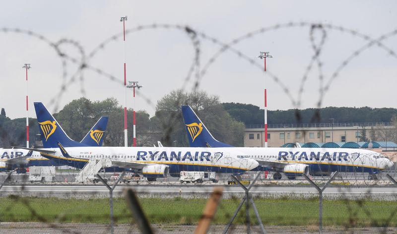 &copy; Reuters. FILE PHOTO: Ryanair airplanes are seen parked on the tarmac of the Rome-Ciampino International Airpot, as the Italian government continues restrictive movement measures to combat the coronavirus outbreak, in Rome, Italy March 14, 2020. REUTERS/Alberto Lin