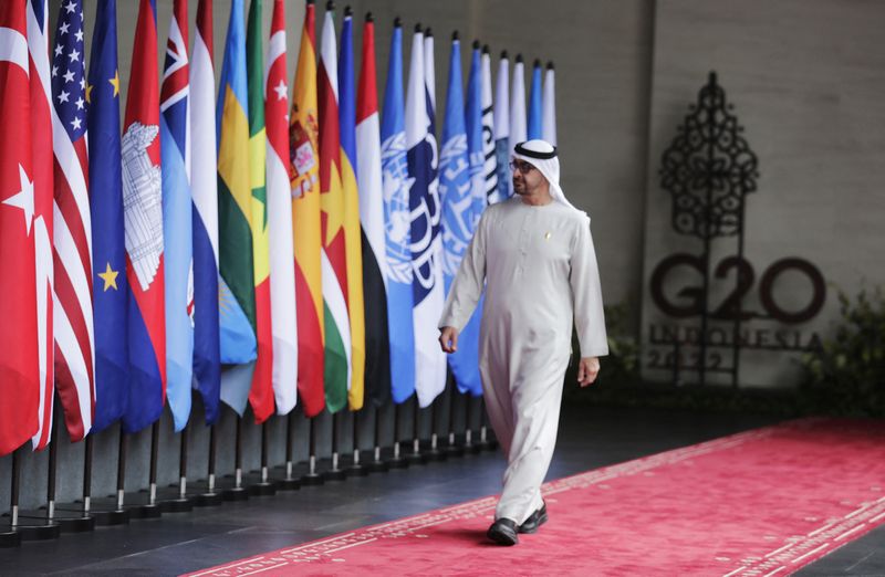 &copy; Reuters. رئيس دولة الإمارات العربية المتحدة الشيخ محمد بن زايد آل نهيان لدى وصوله إلى قمة قادة مجموعة العشرين في بالي الإندونيسية في 16 نوفمبر تشرين ا
