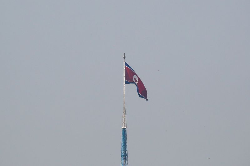 © Reuters. العلم الكوري الشمالي يرفرف فوق برج بقرية كيونج دونج في صورة التقطت من قرية تاي سونج بالقرب من خط الترسيم العسكري داخل المنطقة منزوعة السلاح التي تفصل بين الكوريتين في باجو بكوريا الجنوبية في صورة من أرشيف رويترز. 
