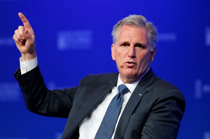 &copy; Reuters. FILE PHOTO: House Majority Leader Kevin McCarthy (R-CA) speaks at the Milken Institute 21st Global Conference in Beverly Hills, California, U.S., April 30, 2018.    REUTERS/Mike Blake/File Photo