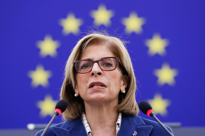 &copy; Reuters. FILE PHOTO: European Commissioner for Health and Food Safety Stella Kyriakides delivers a speech on the EU's Role in Combatting the coronavirus disease (COVID-19) Pandemic and How to Vaccinate the World, at the European Parliament in Strasbourg, France, N