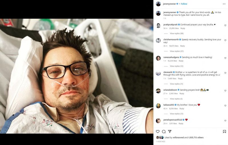 &copy; Reuters. A screen grab shows a selfie of actor Jeremy Renner on a hospital bed, posted on Instagram with a caption reading, "Thank you all for your kind words. I?m too messed up now to type. But I send love to you all" in this picture obtained from social media Ja