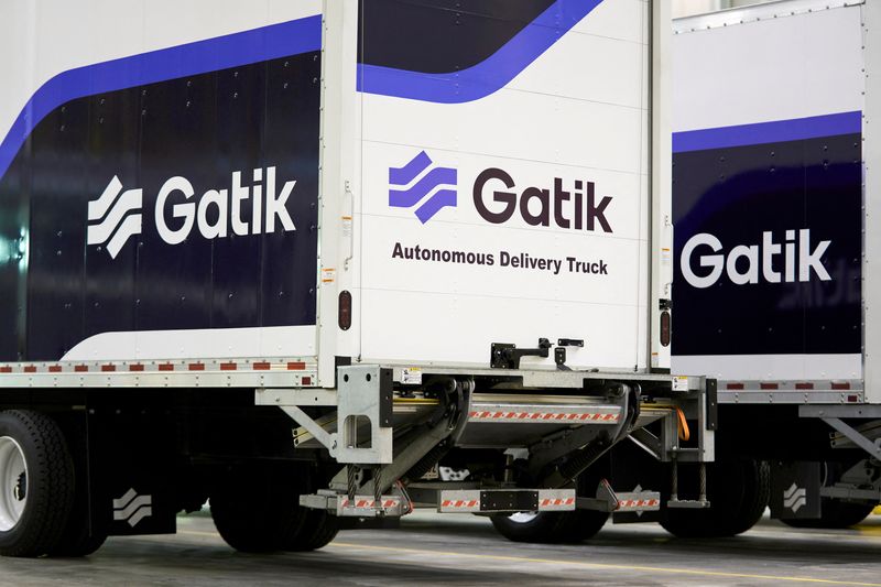 &copy; Reuters. FILE PHOTO: AV trucks are parked in a Gatik AI facility at AllianceTexas, a 27,000 acre business complex boasting some of the country?s largest freight operations, in Fort Worth, Texas, U.S., May 18, 2022. Picture taken May 18, 2022.  REUTERS/Cooper Neill