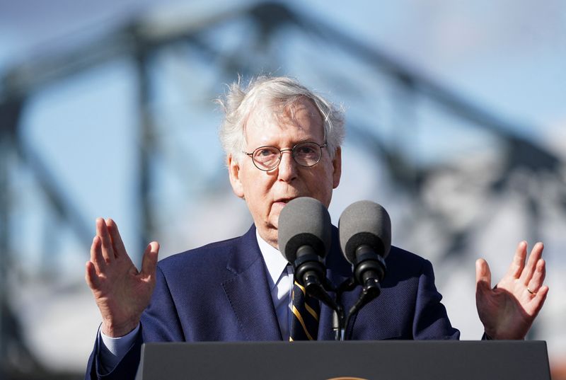 © Reuters. FILE PHOTO: U.S. Senate Republican Leader Mitch McConnell (R-KY) speaks during an event to tout the new Brent Spence Bridge over the Ohio River between Covington, Kentucky and Cincinnati, Ohio, near the bridge in Covington, Kentucky, U.S., January 4, 2023. REUTERS/Kevin Lamarque