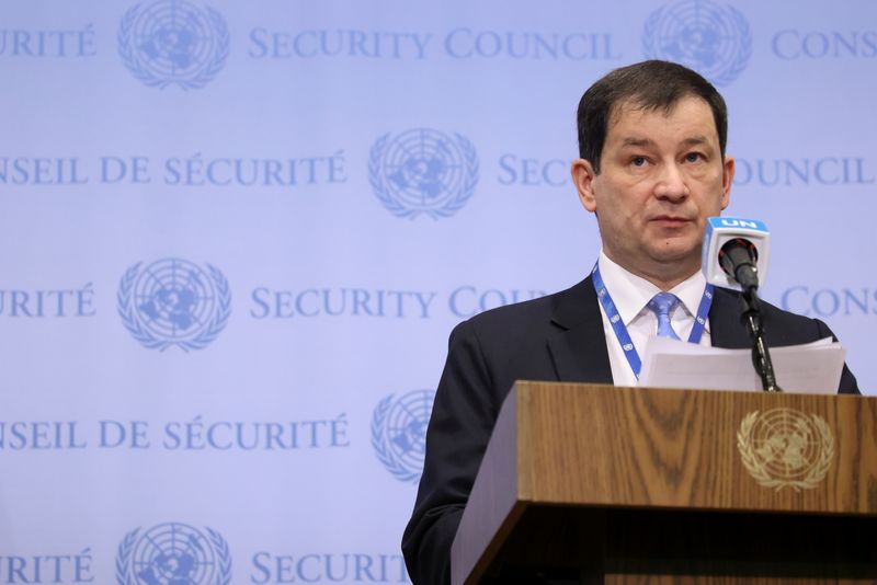 &copy; Reuters. FILE PHOTO: Russia's Deputy Ambassador to the U.N. Dmitry Polyanskiy addresses a news conference ahead of a meeting of the United Nations Security Council on Russia's invasion of Ukraine, at the United Nations headquarters in New York City, New York, U.S.