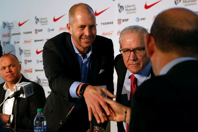 &copy; Reuters. FILE PHOTO: Gregg Berhalter, the new head coach of the U.S. Men's National Soccer Team shakes hands after a news conference in New York City, New York, U.S., December 4, 2018. REUTERS/Shannon Stapleton