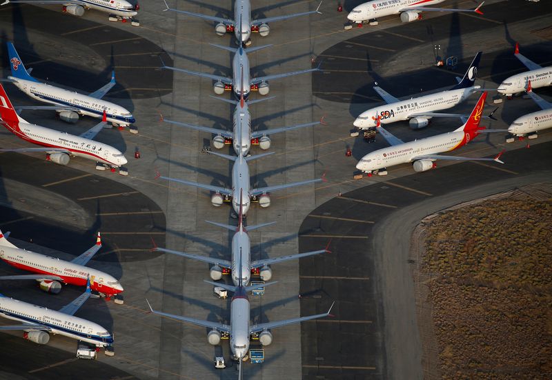 &copy; Reuters. FILE PHOTO: An aerial photo shows Boeing 737 MAX aircraft at Boeing facilities at the Grant County International Airport in Moses Lake, Washington, September 16, 2019. REUTERS/Lindsey Wasson/File Photo