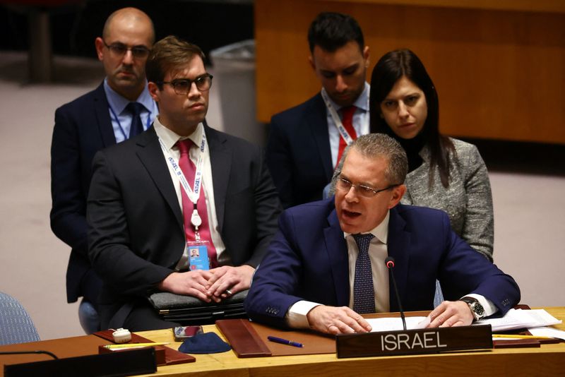 &copy; Reuters. Gilad Erdan, Israeli Ambassador to the United Nations speaks during a U.N. Security Council meeting to discuss recent developments at the Al Aqsa mosque compound in Jerusalem, at U.N. headquarters in New York City, New York, U.S., January 5, 2023. REUTERS