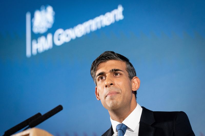 &copy; Reuters. FILE PHOTO: British Prime Minister Rishi Sunak delivers his first major domestic speech of 2023 at Plexal, Queen Elizabeth Olympic Park, in east London, Britain January 4, 2023. Stefan Rousseau/Pool via REUTERS/File Photo