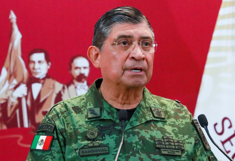 &copy; Reuters. FILE PHOTO: Mexico's Secretary of Defense Luis Cresencio Sandoval speaks during a news conference after Mexican drug cartel leader Ovidio Guzman, a son of incarcerated kingpin Joaquin "El Chapo" Guzman, was arrested by Mexican authorities in Culiacan, In 