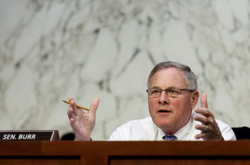 &copy; Reuters. FILE PHOTO: U.S. Senator Richard Burr (R-NC) questions Dr. Anthony, Fauci, Director of the National Institute of Allergy and Infectious Diseases, during a Health, Education, Labor, and Pensions Committee hearing on the monkeypox outbreak, in Capitol Hill 
