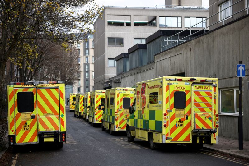 &copy; Reuters. FILE PHOTO: A view of ambulances parked along a street, as ambulance workers strike, amid a dispute with the government over pay, near the NHS London Ambulance Service, in London, Britain December 21, 2022. REUTERS/Henry Nicholls/File Photo/File Photo