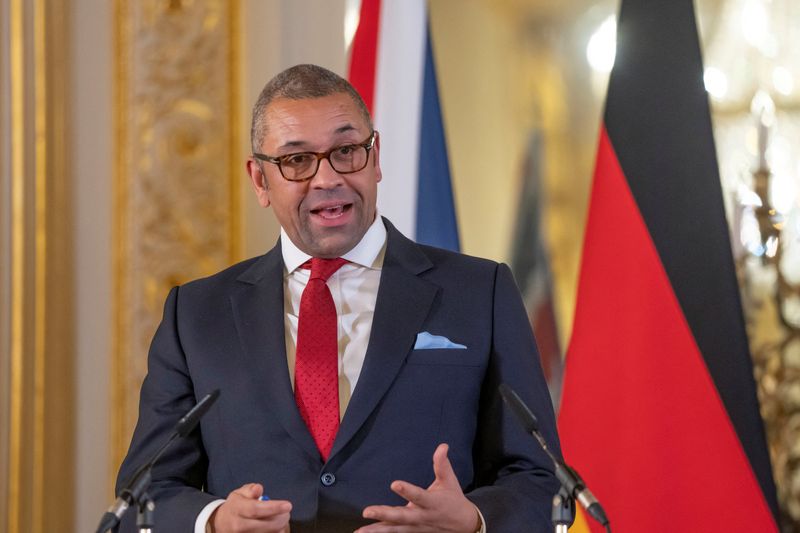 &copy; Reuters. FILE PHOTO: Britain's Foreign Secretary James Cleverly attends a press conference after the first UK-Germany Strategic Dialogue meeting, which will agree cooperation on joint priorities, at Lancaster House, in London, Britain, January 5, 2023. Kin Cheung/