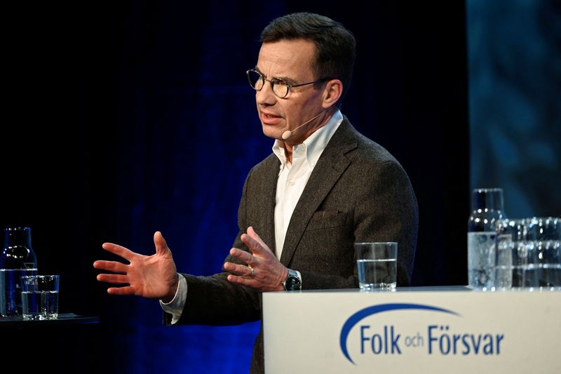 © Reuters. Sweden's Prime Minister Ulf Kristersson speaks during the annual Society and Defence Conference in Salen, Sweden, January 8, 2023. TT News Agency/Henrik Montgomery via REUTERS