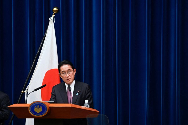 &copy; Reuters. FILE PHOTO: Japan's Prime Minister Fumio Kishida attends a press conference in Tokyo, Japan, on December 16, 2022, addressing some topics such as National Security Strategy, political and social issues facing Japan in today's World crisis. David Mareuil/P