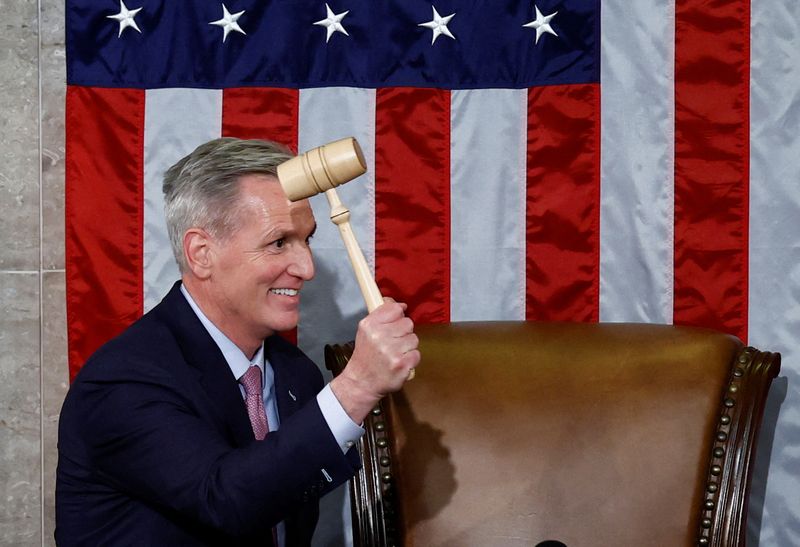 &copy; Reuters. FILE PHOTO: U.S. House Republican Leader Kevin McCarthy (R-CA) wields the Speaker's gavel after being elected  the next Speaker of the U.S. House of Representatives in a late night 15th round of voting on the fourth day of the 118th Congress at the U.S. C
