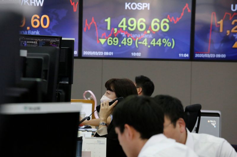 &copy; Reuters. FILE PHOTO: A currency dealer, wearing a mask to prevent contracting the coronavirus disease (COVID-19), talks on the phone in front of electronic boards showing the Korea Composite Stock Price Index (KOSPI) and the exchange rate between the U.S. dollar a