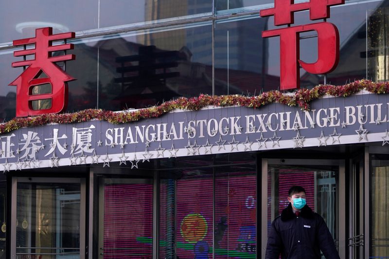 &copy; Reuters. FILE PHOTO: A security guard stands at the Shanghai Stock Exchange building at the Pudong financial district in Shanghai, China, as the country is hit by an outbreak of a new coronavirus, February 3, 2020. REUTERS/Aly Song