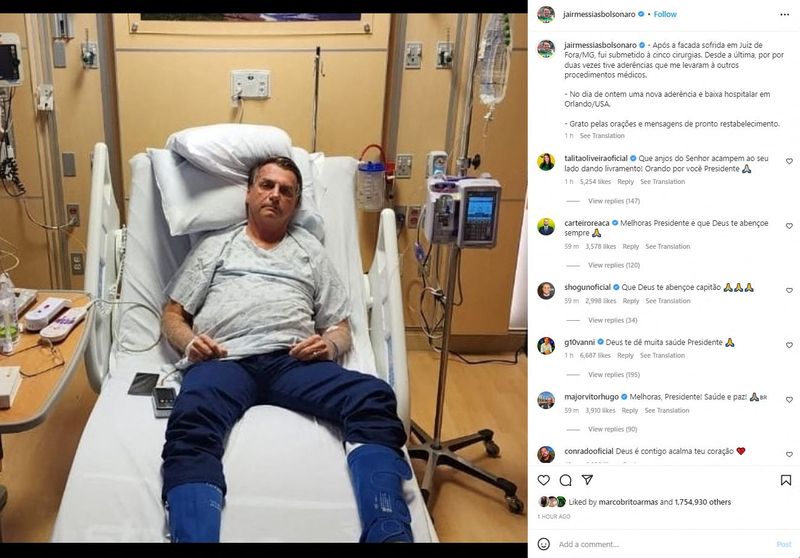 © Reuters. A screen grab of an image posted on Instagram shows Brazil's former President Jair Bolsonaro on a hospital bed at an unspecified location in this picture released January 9, 2023 and obtained from social media. Jair Bolsonaro/Instagram/via REUTERS  