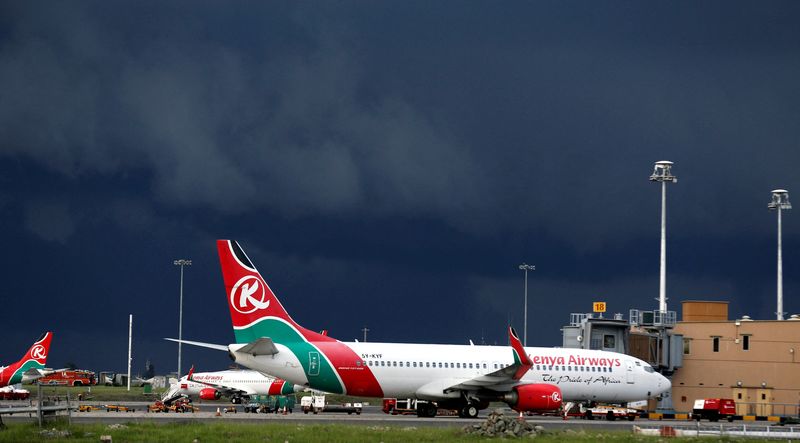 © Reuters. FILE PHOTO: Kenya Airways planes are seen parked at the Jomo Kenyatta International airport near Kenya's capital Nairobi, April 28, 2016. REUTERS/Thomas Mukoya