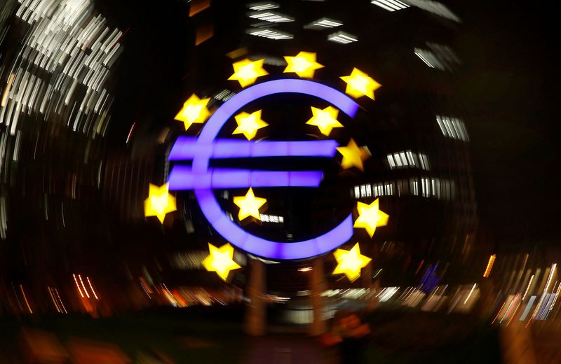 &copy; Reuters. The euro sign is photographed in front of the former head quarter of the European Central Bank in Frankfurt, Germany, April 9, 2019. Picture is taken on slow shutter speed while the camera was moved.  REUTERS/Kai Pfaffenbach