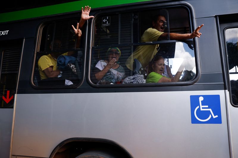 &copy; Reuters. Supporters of Brazil's former President Jair Bolsonaro react, as buses leave the National Academy of the Federal Police after a camp set by supporters was dismounted in front of the Army Headquarters, in Brasilia, Brazil, January 10, 2023. REUTERS/Amanda 
