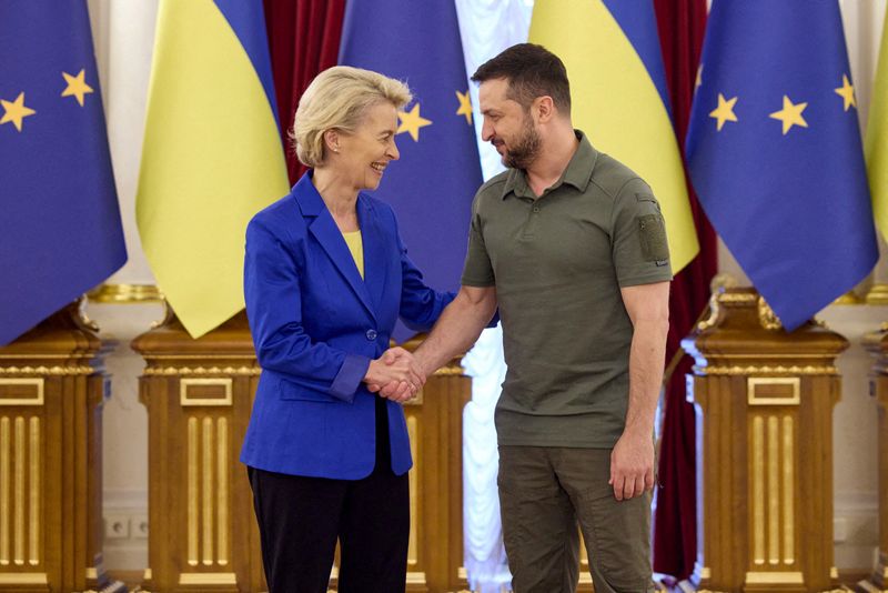 &copy; Reuters. FILE PHOTO: Ukraine's President Volodymyr Zelenskiy and European Commission President Ursula von der Leyen shake hands before meeting, as Russia's invasion of Ukraine continues, in Kyiv, Ukraine September 15, 2022.  REUTERS/Valentyn Ogirenko