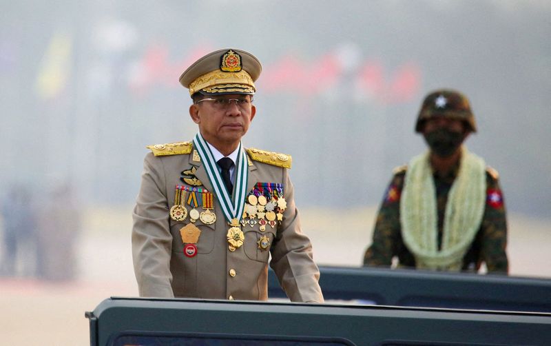 &copy; Reuters. FILE PHOTO: Myanmar's junta chief Senior General Min Aung Hlaing, who ousted the elected government in a coup on February 1, 2021, presides over an army parade on Armed Forces Day in Naypyitaw, Myanmar, March 27, 2021. REUTERS/Stringer