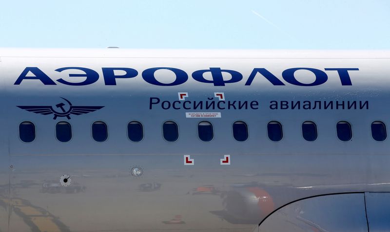 &copy; Reuters. FILE PHOTO: The logo of Russia's flagship airline Aeroflot is seen on an Airbus A320 which landed after an inaugural trip at the Marseille-Provence airport in Marignane, France, June 1, 2019.  REUTERS/Jean-Paul Pelissier/