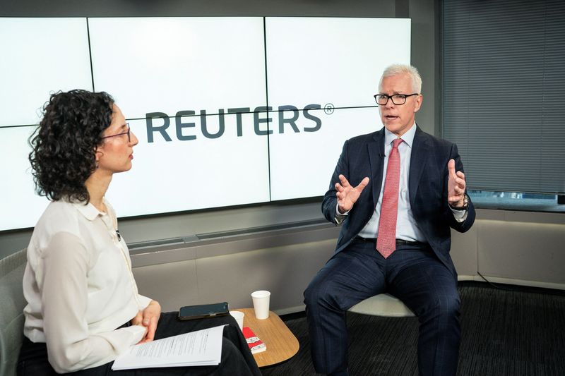 © Reuters. Sean Connolly, the CEO of packaged food producer Conagra Brands Inc. speaks with Jessica DiNapoli U.S. consumer products correspondent during an interview in New York City, U.S., January 10, 2023. REUTERS/Eduardo Munoz