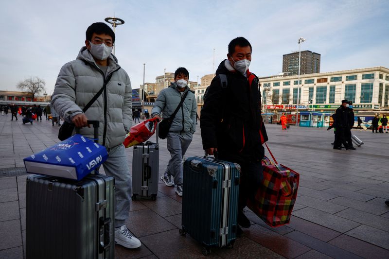 &copy; Reuters. Des personnes marchent à l'extérieur de la gare de Pékin avec leurs bagages, à l'approche du Nouvel An lunaire chinois, à l'occasion du Festival du Printemps. /Photo prise le 7 janvier 2023/REUTERS/Tingshu Wang