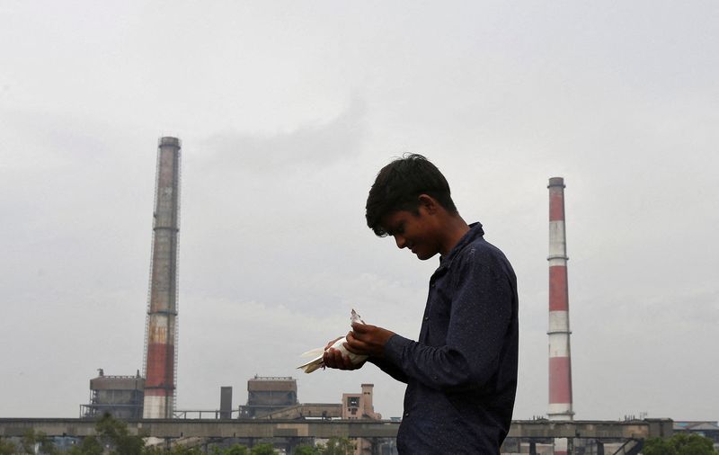 &copy; Reuters. FILE PHOTO: A boy examines a pigeon on a rooftop near a coal-fired power plant in New Delhi, India, July 20, 2017. Picture taken July 20, 2017. REUTERS/Adnan Abidi/File Photo