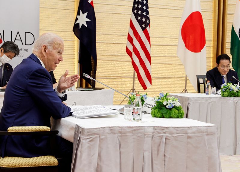 &copy; Reuters. FILE PHOTO: Quad leaders Japan's Prime Minister Fumio Kishida and U.S. President Joe Biden attend a meeting during the Quad Summit at Kantei Palace in Tokyo, Japan, May 24, 2022. REUTERS/Jonathan Ernst