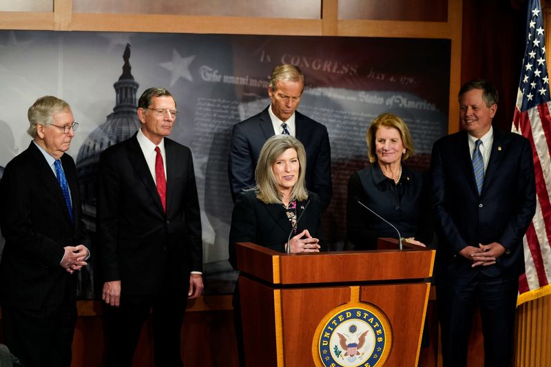 &copy; Reuters. FILE PHOTO: U.S. Senator Joni Ernst (R-IA) speaks during a news conference following Senate Republican leadership elections that included the re-election of U.S. Senator Mitch McConnell (R-KY) as minority leader and Ernst as policy chair at the U.S. Capit